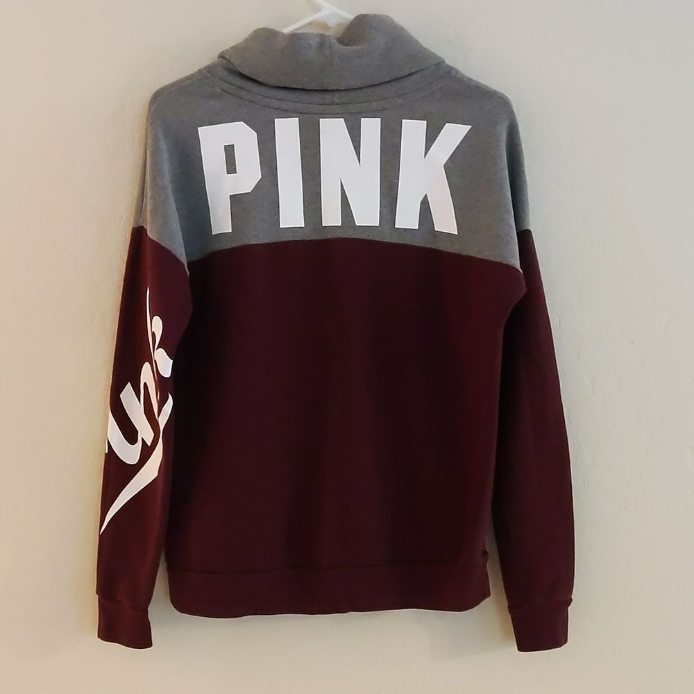 PINK Victoria's Secret Grey Maroon Cowl Sweatshirt Cursive Arm - Size XS